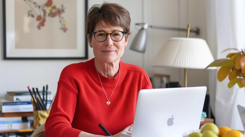 a woman in a red sweater sitting at a desk with a laptop